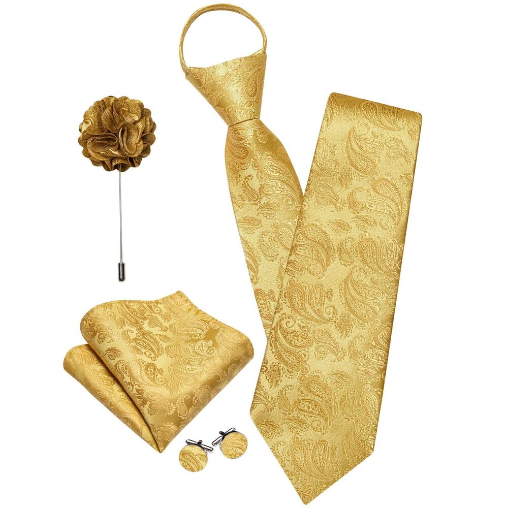 6885 Gold Clip on Tie with Lapel Pin Paisley Zipper Extra Long Pre-Tied